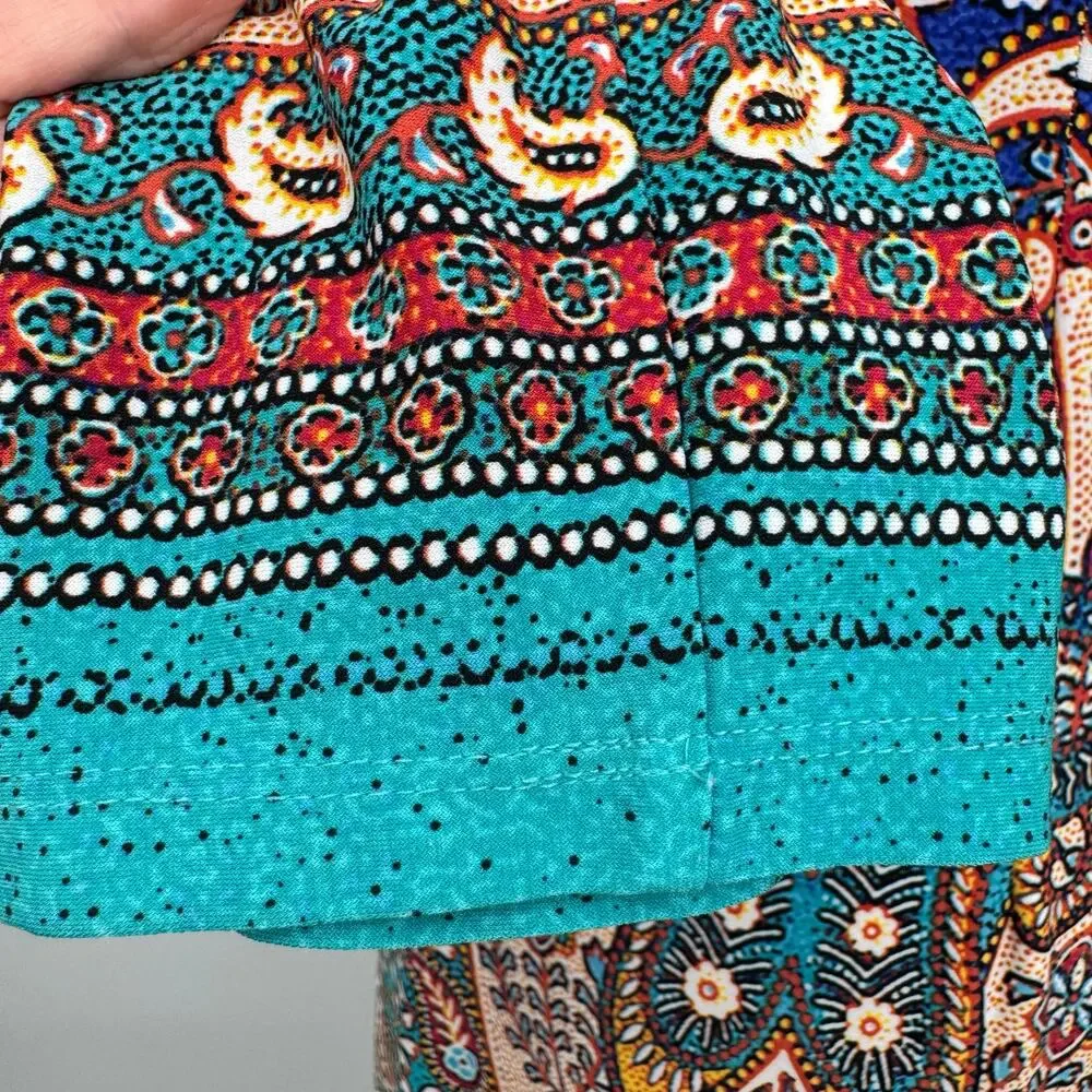 Boho Paisley Beaded Neck Cocktail Sheath Dress Teal Multi Size 10
